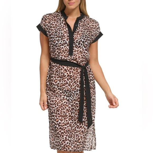 DKNY Chiffon Animal print midi dress cover up bikini cover L boho granny core - Picture 1 of 10